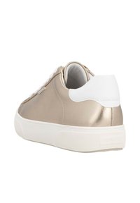 Metallic gold sneaker with a white heel, round toe, textured rubber sole, and white laces. Smooth upper material with subtle shine.