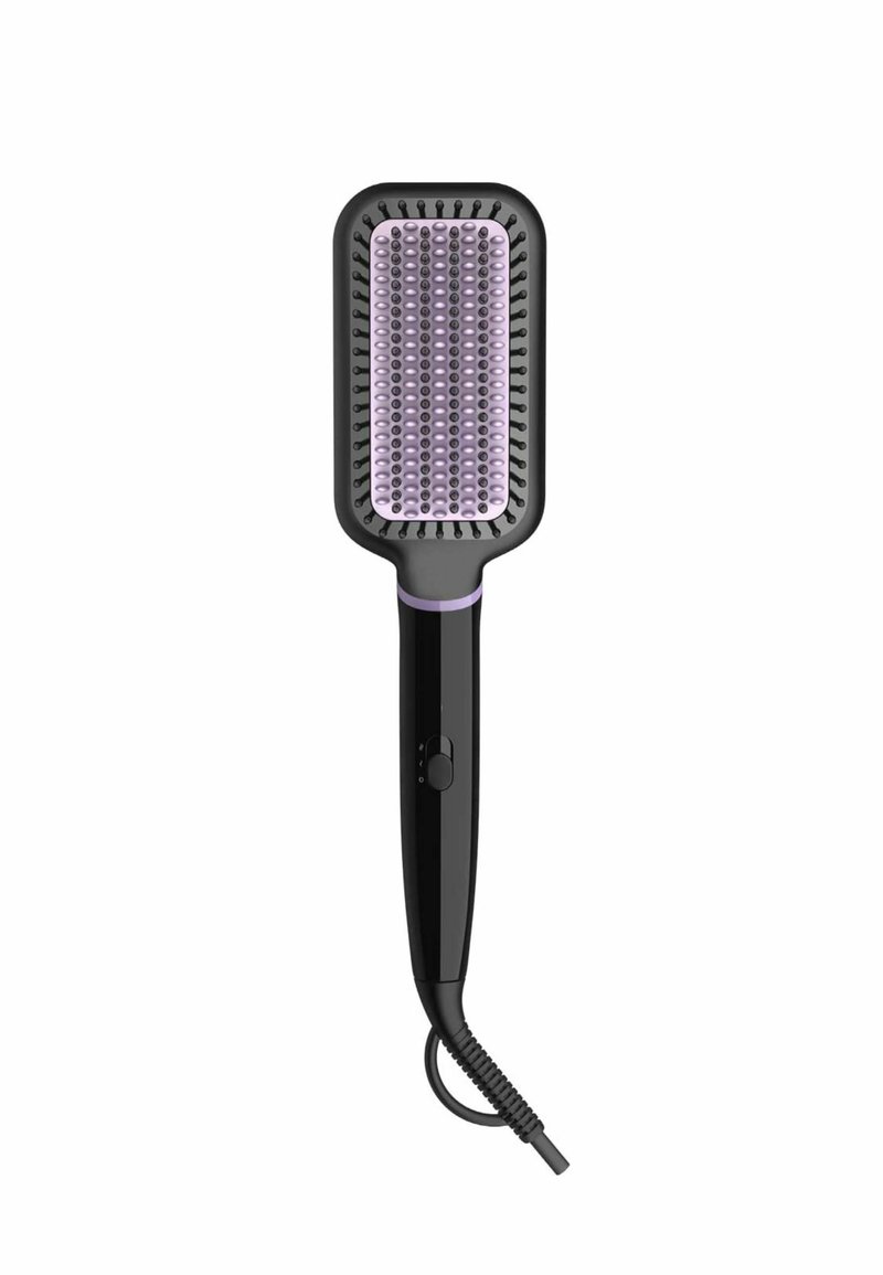 Zwarte rechthoekige haarstyleborstel met paarse haren en een gestructureerd oppervlak. Voorzien van een aan/uit-knop en een spiraalkoord.