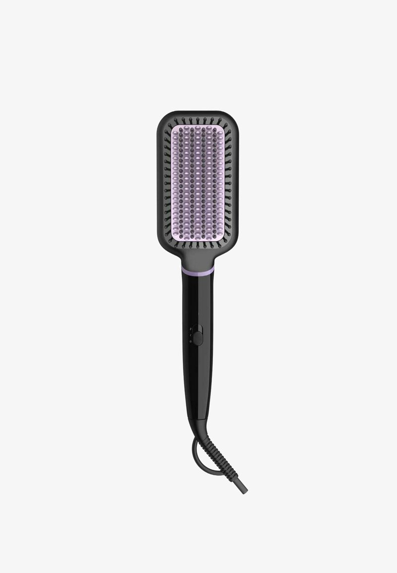 Schwarze rechteckige Haarglätterbürste mit lila Borsten und strukturiertem Griff. Verfügt über einen Power-Knopf und ein spiralgewickeltes Kabel.
