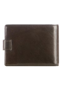 Dark brown leather wallet with a smooth texture, rectangular shape, and a small flap closure on the left side. Minimalist design.