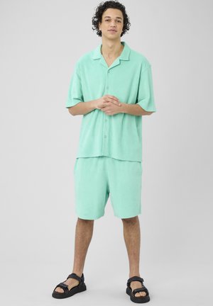 Jeune homme debout portant une chemise vert menthe à boutons, un short assorti et des sandales noires sur un fond gris uni.