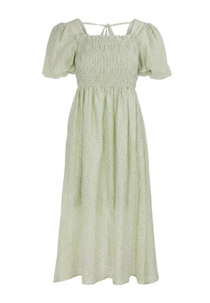 Robe midi vert clair avec manches courtes bouffantes, corsage smocké, imprimé floral subtil et lien à nouer à l'encolure.