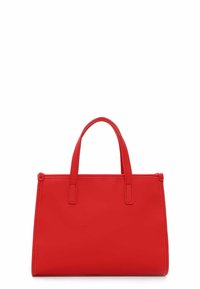 Borsa tote sintetica rossa con doppi manici, forma rettangolare, texture liscia e design minimalista. Nessun hardware o accento notevole.