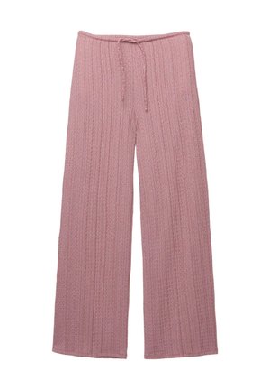 Bredbenta byxor i mjuk, texturerad rosa tyg med dragsko i midjan och vertikal ribbad mönstring, som ger en avslappnad passform.