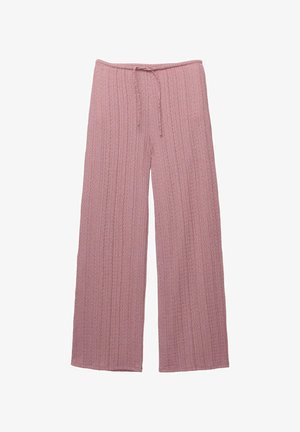 Pantaloni a gamba larga in morbido tessuto rosa testurizzato, con vita elastica regolabile e modello a righe verticali, che offrono una vestibilità comoda.