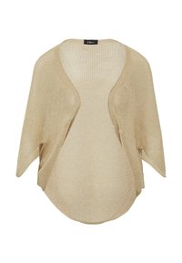 Leichter, offen gestrickter Schal in einem sanften Beigeton. Mit einem fließenden Design, breiten Ärmeln und einem abgerundeten Saum. Die strukturierte Stoffe sorgt für visuelles Interesse.