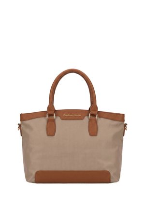 Sac fourre-tout beige avec poignées et détails en cuir marron, présentant le logo Gianmarco Venturi au centre avant supérieur.