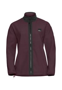 Bordeaux fleecejack met een zwarte ritssluiting en kraag. Beschikt over een klein logo op de borst, lange mouwen en een gladde textuur.