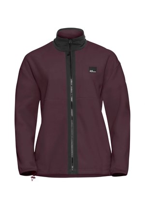 Giacca in pile color bordeaux con chiusura a zip nera e colletto. Presenta un piccolo logo sul petto, maniche lunghe e una texture liscia.