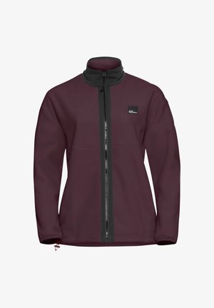 Giacca in pile color bordeaux con chiusura a zip nera e colletto. Presenta un piccolo logo sul petto, maniche lunghe e una texture liscia.