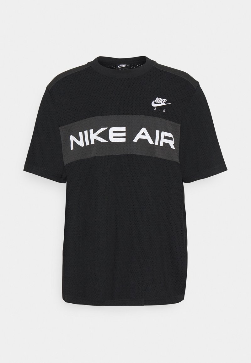 Svart kortärmad T-shirt i mesh-material. Har ett grått horisontellt rand med "NIKE AIR" i fetstil vita bokstäver och en logotyp vid halslinningen.