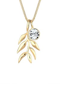 Goldblatt-Pendant-Halskette mit einem runden klaren Steinakzent. Das Design umfasst verlängerte Blätter mit einer polierten Oberfläche und strukturierten Details.