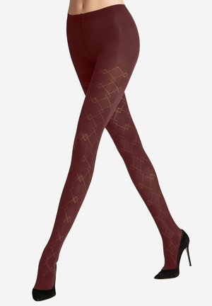 Collant bordeaux con un motivo geometrico dorato, caratterizzati da una consistenza liscia e una vita elastica, abbinati a decolletè nere.
