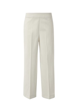 Light beige trousers with a straight cut, featuring two front pleats, a tailored waistband, and a smooth, lightweight fabric texture.