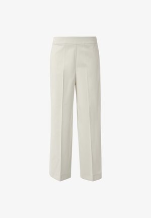 Light beige trousers with a straight cut, featuring two front pleats, a tailored waistband, and a smooth, lightweight fabric texture.