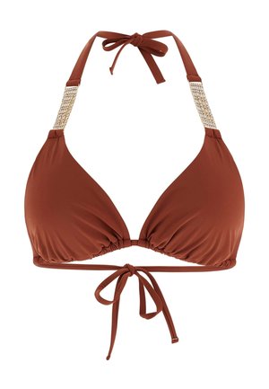 Brązowy bikini top w kształcie trójkąta z koralikowymi paskami i regulowanymi trokami przy szyi i plecach.