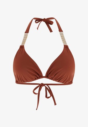 Haut de bikini triangle marron avec bretelles perlées et liens ajustables au niveau du cou et du dos.