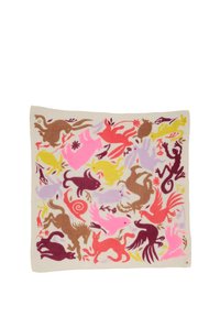 Coperta in lana colorata con vari animali in rosa, viola, giallo e marrone su uno sfondo beige; accenti decorativi a spirale e floreali.