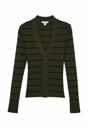 Bordázott zöld kardigán fekete csíkokkal, V-nyakkivágással és fonott díszítéssel a nyílás mentén, hosszú ujjakkal és testhezálló fazonnal.