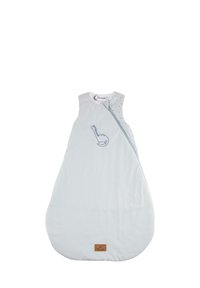 Helles blaues Babyschlafsack mit Dinosaurierdesign, aus weichem Stoff, ärmellos und mit seitlichem Reißverschluss; auf einer Seite mit gepunktetem Muster.