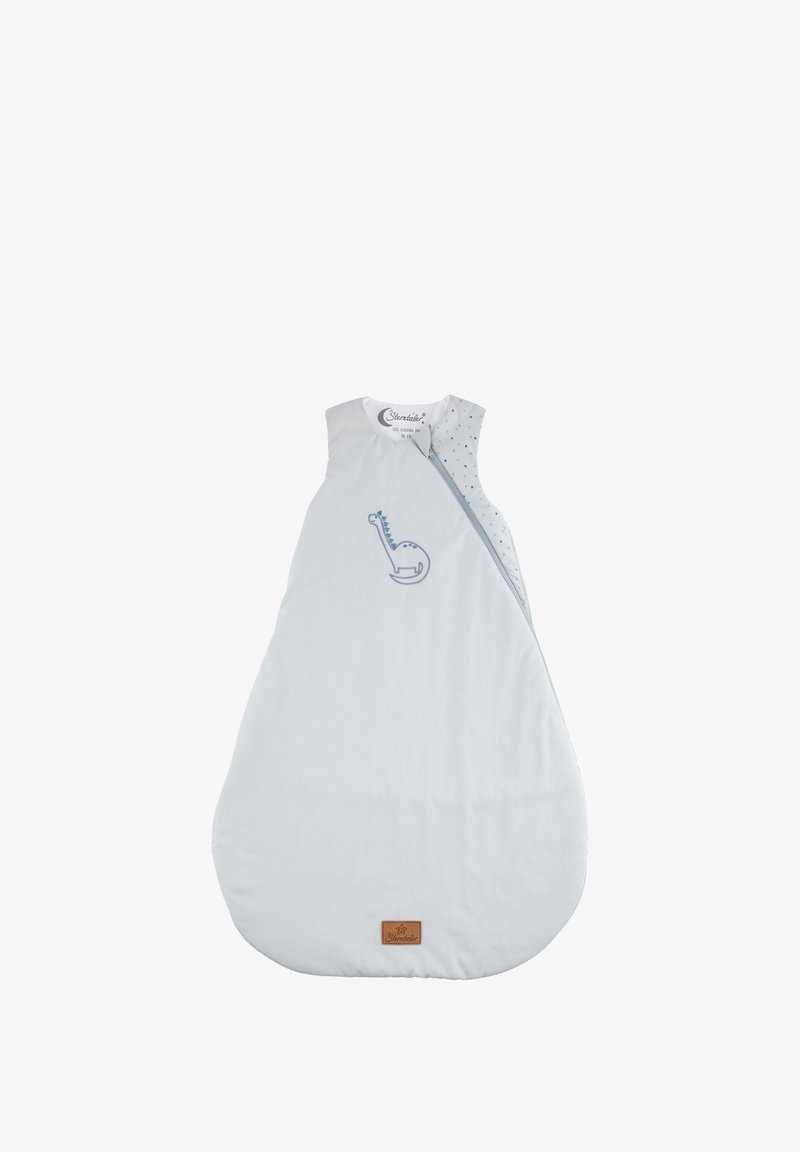 Light blue baby sleeping bag with a dinosaur design, soft fabric, sleeveless, and a side zipper; features dotted pattern on one side.