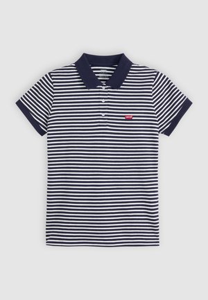 Polo tričko s námořnickou modrou a bílou pruhovanou vzorovou, vyrobené z bavlny, s klasickým límečkem, třemi knoflíky a malým červeným logem Levi's na hrudi.