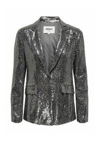 Blazer gris brillante con lentejuelas, cierre de un solo botón, solapas con muesca y dos bolsillos frontales. Forro interior suave.