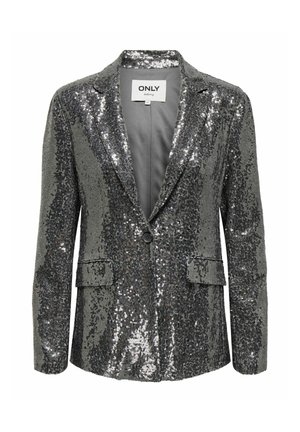 Lesklý šedý blazer s flitry, s jedním knoflíkem, klopami a dvěma předními kapsami. Hladká podšívka.