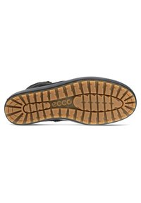 Suela de zapato de goma negra con un dibujo en relieve. Presenta un diseño flexible y un acento marrón en los bordes, marcado con el nombre de la marca "ECCO."