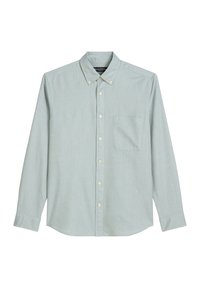 Camicia a maniche lunghe azzurro chiaro realizzata in un tessuto morbido. Presenta un colletto con bottoni, una tasca sul petto e una texture sottile.
