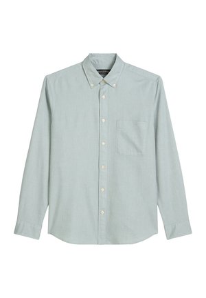 Helles blaues Langarmhemd aus einem weichen Stoff. Mit einem Button-Down-Kragen, einer einzelnen Brusttasche und subtiler Textur.