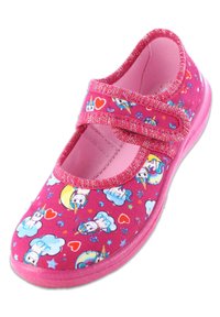 Pinkes Stoffschuh mit einem Klettverschluss, der ein Muster aus Einhörnern, Wolken und Herzen zeigt. Weiche Sohle mit einem glänzenden pinken Akzent.