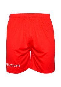 Rde atletske kratke hlače iz lahkega materiala, z elastičnim pasom in belim logotipom "GIVOVA" na levi nogi.