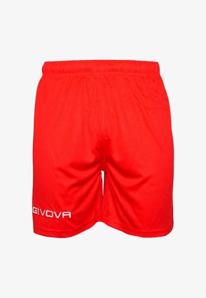 Rde atletske kratke hlače iz lahkega materiala, z elastičnim pasom in belim logotipom "GIVOVA" na levi nogi.