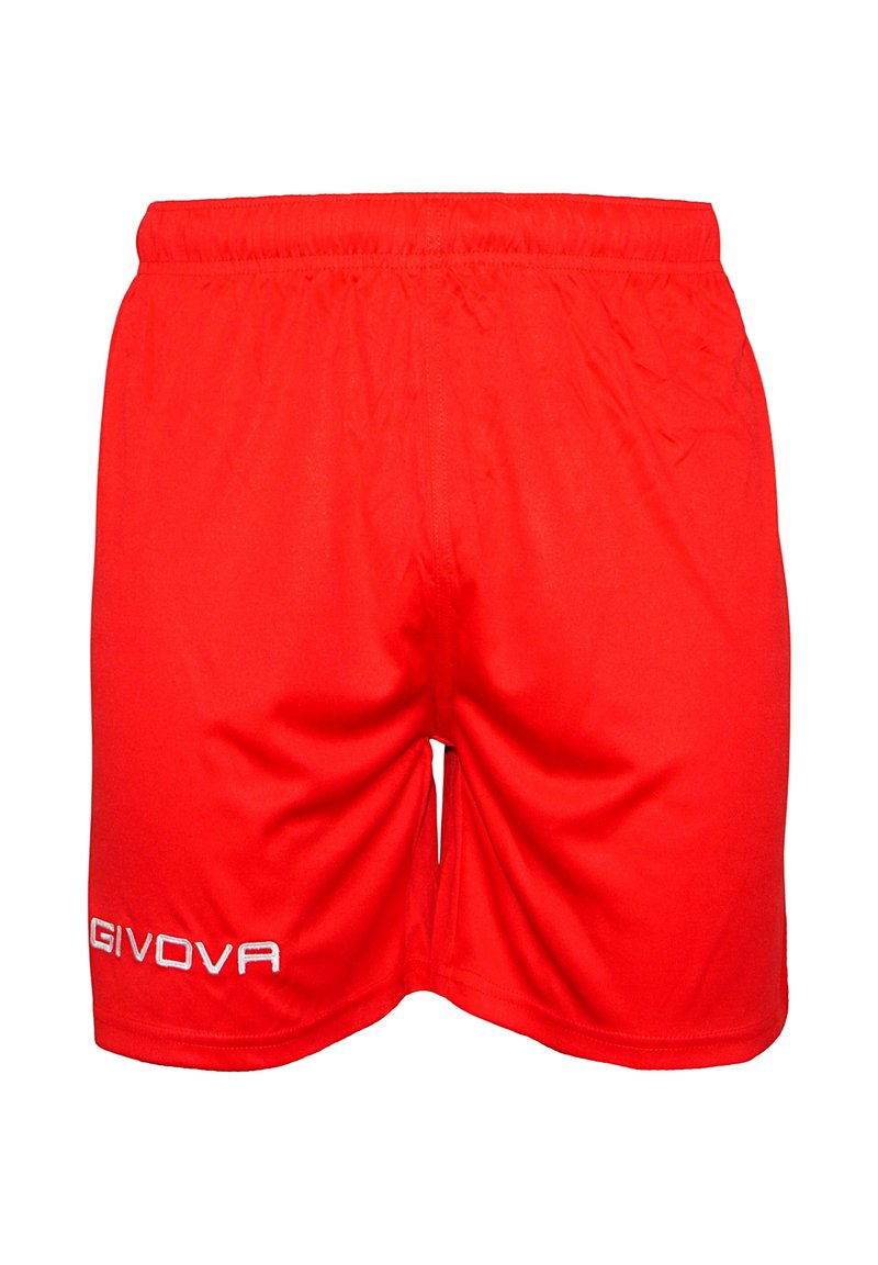 Röda sportshorts gjorda av lättviktsmaterial, med ett elastiskt midjeband och en vit "GIVOVA"-logotyp på vänster ben.
