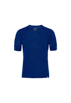 Marineblaues Kurzarm-T-Shirt aus weichem Stoff, mit rundem Halsausschnitt und minimalistischem Design. Etikett unten links sichtbar.