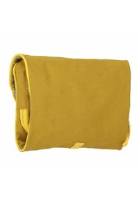 Yellow fabric clutch bag with a textured surface, folded design, and a small accent on the front. Features a zip closure and contrasting lining.