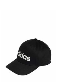 Gorra de béisbol negra con visera curvada, que presenta un gran logotipo blanco de "adidas" en la parte frontal y ojales de ventilación a los lados.