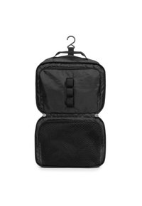 Černá cestovní organizer taška s háčkem na zavěšení. Má vnější kapsu se zipem a síťované vnitřní oddělení pro viditelnost a větrání.