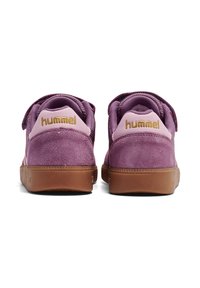 Fioletowe zamszowe trampki z różowymi akcentami i gumową podeszwą. Na pięcie znajduje się złote logo, a kołnierz jest wyściełany dla komfortu.