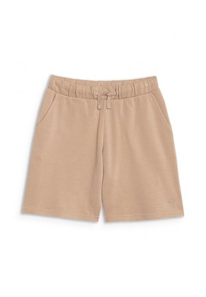Short beige à taille élastique avec cordon, poches latérales et un petit logo embossé en bas de la jambe droite.
