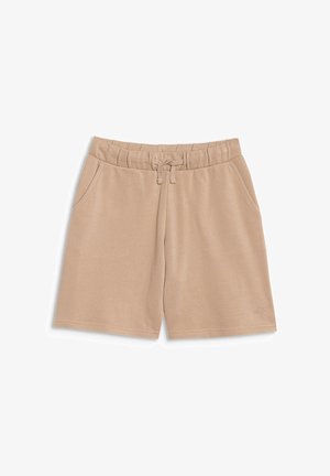 Short beige à taille élastique avec cordon, poches latérales et un petit logo embossé en bas de la jambe droite.