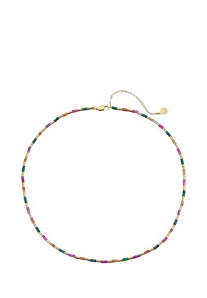 Zarte Perlenkette mit kleinen zylindrischen Perlen in Grün, Lila, Gold und Orange, mit goldfarbenem Verschluss und verstellbarer Kette.