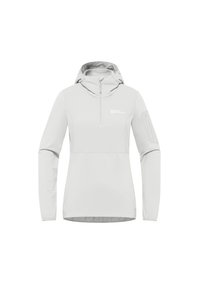 Lichtgrijs lang-sleeve hoodie met een kwart rits, met een klein logo op de borst en een zijzak op de linker mouw. Gladde textuur.