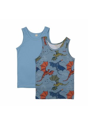 Zwei ärmellose Kinderoberteile: eines einfarbig hellblau, das andere blau mit einem Muster aus rot-, grün- und blaufarbenen fliegenden Drachen.