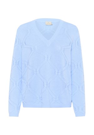 Suéter de punto azul claro con cuello en V, mangas largas y un patrón geométrico en toda la prenda. Los puños y el dobladillo acanalados completan el diseño.