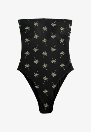 Sort ét stykke badedragt med en glat tekstur, der har broderede guld palmetræs mønstre jævnt fordelt over stoffet.
