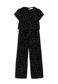 Černý overal s krátkými rukávy, zdobený bílými puntíky. Volný střih, skládací pas a zadní zip pro zapínání. Měkká textilie.