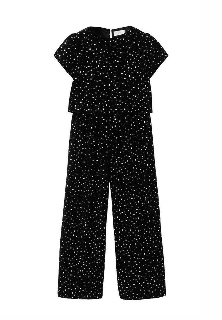 Černý overal s krátkými rukávy, zdobený bílými puntíky. Volný střih, skládací pas a zadní zip pro zapínání. Měkká textilie.