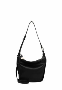 Sac à épaule en cuir noir avec un design incurvé, doté d'une bandoulière amovible et de quincaillerie en métal argenté. Texture lisse avec un logo en relief.